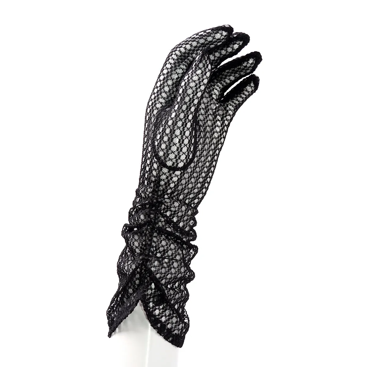 1940s Sheer Black Lace Gathered Gloves 6.5