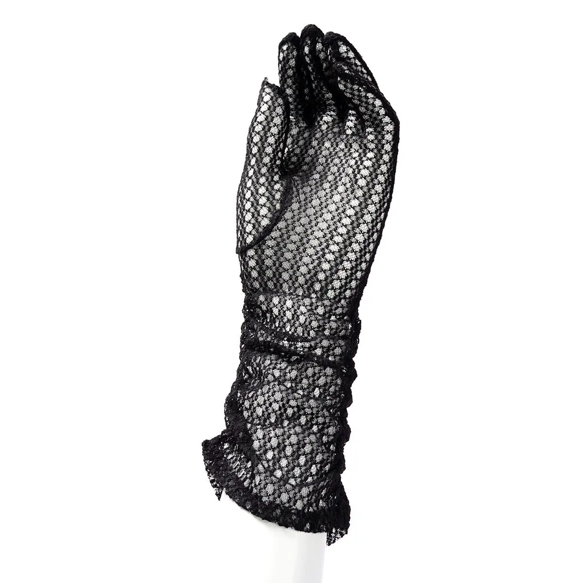 1940s Sheer Black Lace Gathered Gloves 6.5