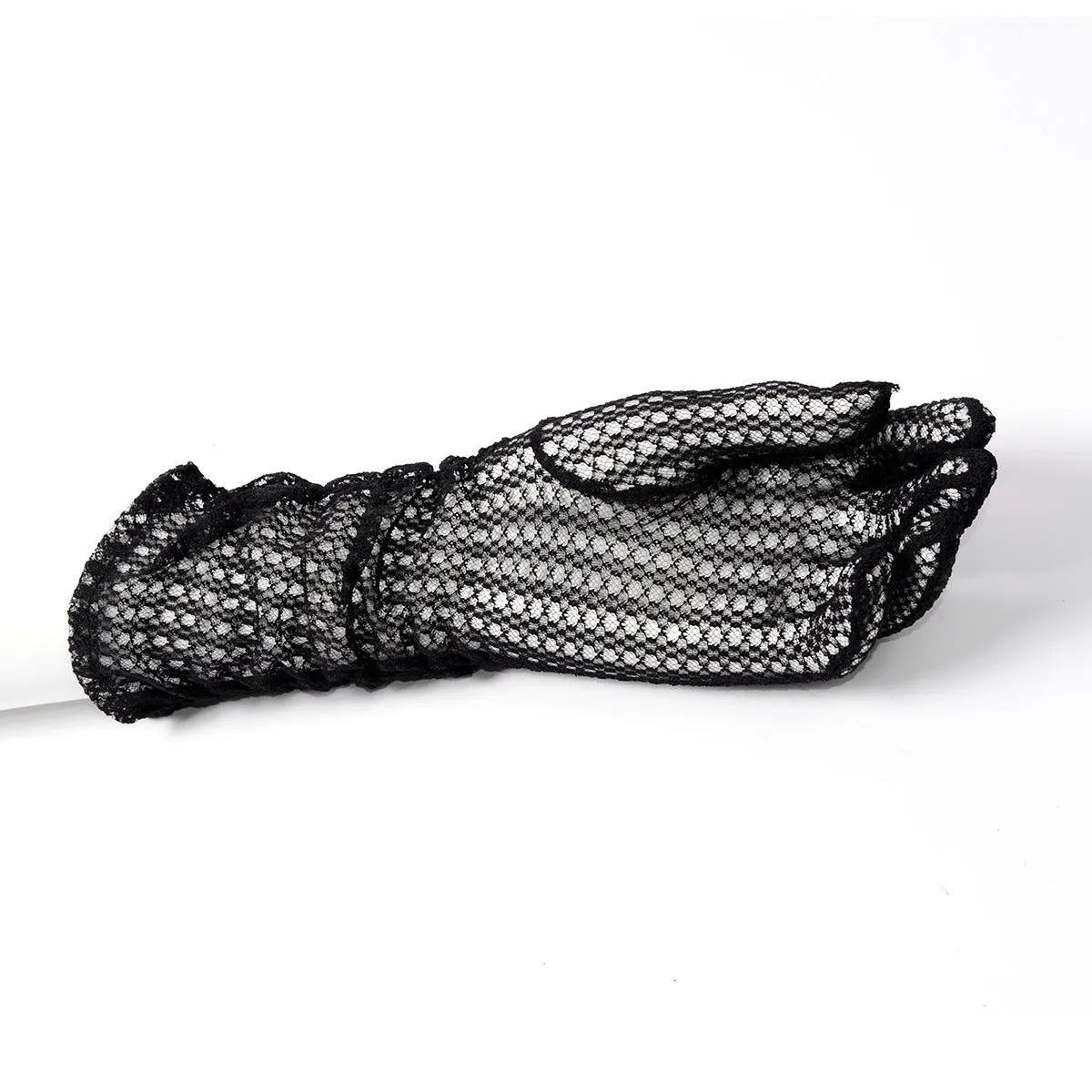 1940s Sheer Black Lace Gathered Gloves 6.5