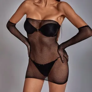 Black Lace Bodycon Dress With Gloves