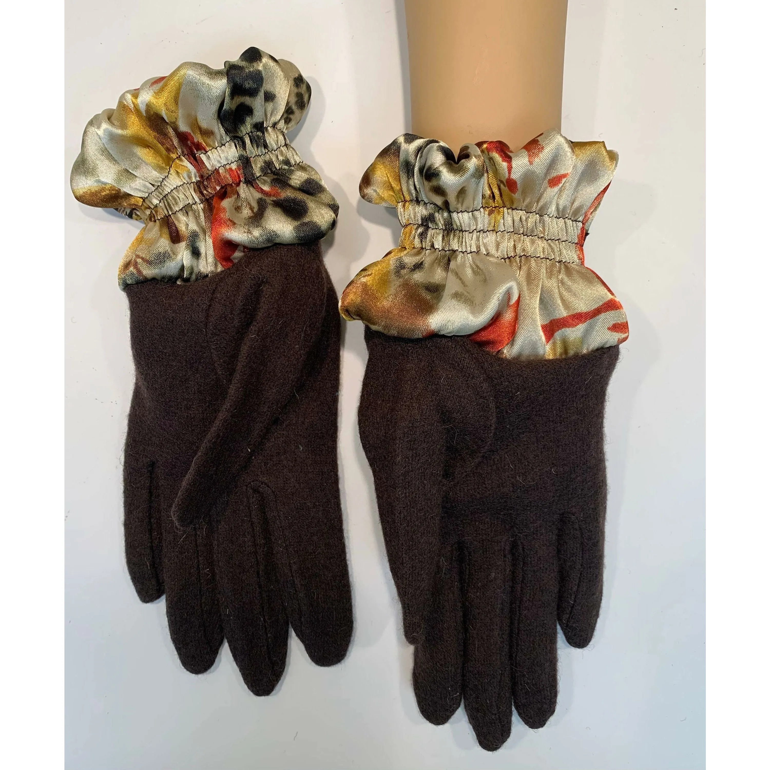 Dark brown full finger wool gloves with shirred satin animal cuffs. Toasty winter gloves stretch fit. Free Shipping