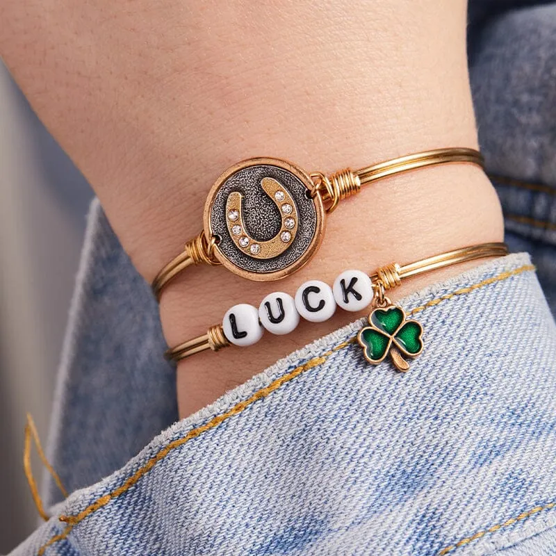 Personalized Letter Bead Bangle Bracelet With Shamrock Charm